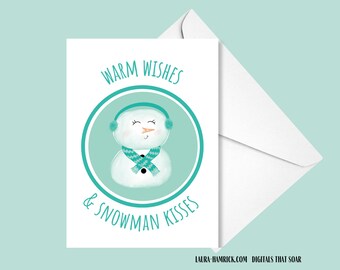 Digital Christmas Card 4.25x5.5, digital holiday card 4.25x5.5, teal, snowman, original digital art