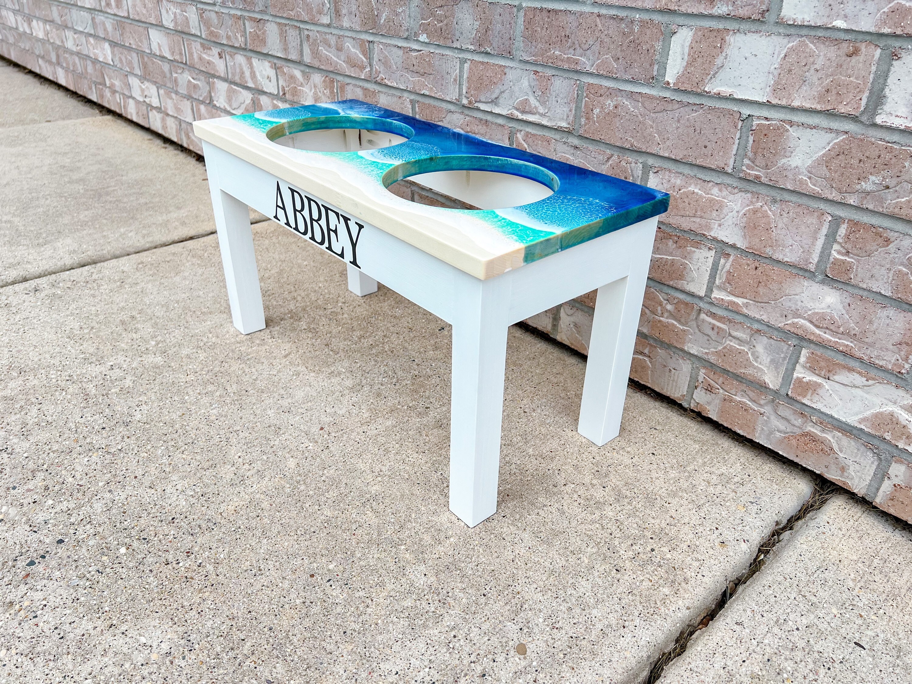 Elevated Dog Bowl Stand: Coastal Ocean Resin Art, Personalized Pet