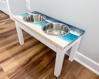 Elevated Dog Bowl Stand: Coastal Ocean Resin Art, Personalized Pet Feeder