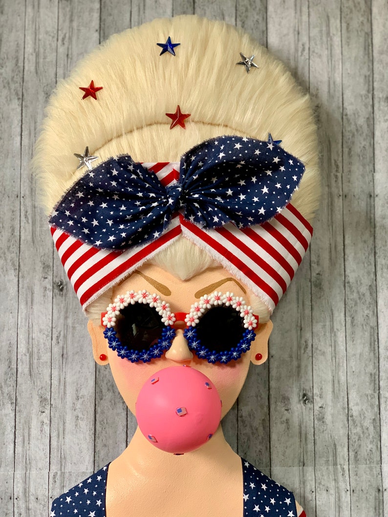 Patriotic Bubblegum Girl, Miss Freedom, Patriotic Wreath Attachment, Patriotic Decor, Red White Blue, Stars and Stripes image 2