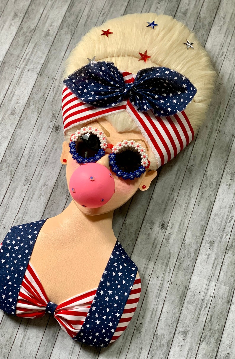 Patriotic Bubblegum Girl, Miss Freedom, Patriotic Wreath Attachment, Patriotic Decor, Red White Blue, Stars and Stripes image 3