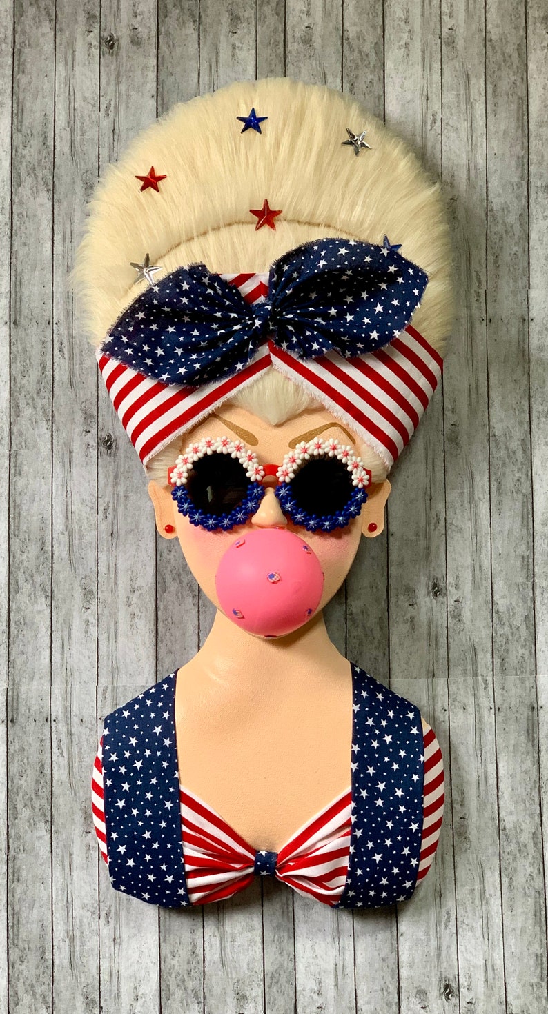 Patriotic Bubblegum Girl, Miss Freedom, Patriotic Wreath Attachment, Patriotic Decor, Red White Blue, Stars and Stripes image 1