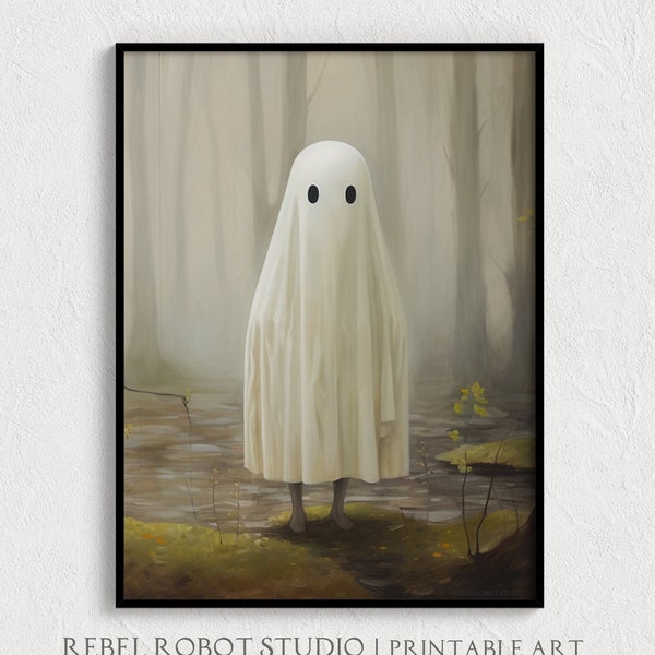 Novice PRINTABLE Cute Ghost Painting Wall Art, Trick Or Treat, Dark Cottagecore, Dark Academia, Child Halloween Costume,  In The Woods