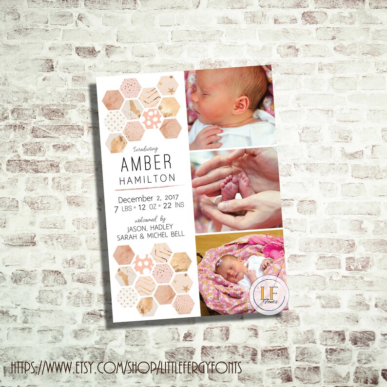 24 HR or LESS Pink Hexagon Baby Birth Announcement