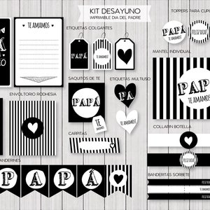 Printable Kit  Father&#39;s day. Printable breakfast.  Black and White. Papá te amamos. Feliz Día del Padre. Instant download