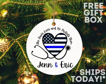 Ceramic Ornament / Police Wife / Nurse / Police Officer / Thin Blue Line Heart Stethoscope  / Police Gift / Christmas Ornament