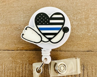 Thin Blue Line Flag Heart Stethoscope Badge Reel, Back the Blue, Police Bade Reel, Police Wife Gift, Nurse Badge Reel for Nurse and Police