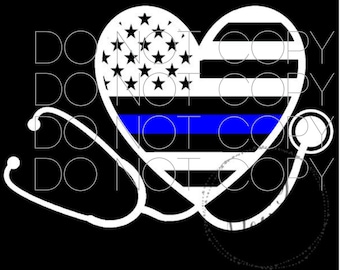 READY TO SHIP Nurse Stethoscope Supporting Police Wife and Law Enforcement Thin Blue Line Heart Vinyl Decal - White