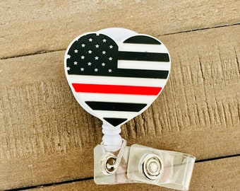 Thin Red Line Flag Heart Badge Reel, First Responder Badge Reel, Firefighter Badge reel for Nurse and Firefighter couples