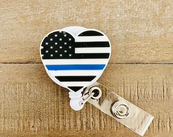 Thin Blue Line Flag Heart Badge Reel, Back the Blue, Police Bade Reel, Police Wife Gift, Nurse Badge Reel