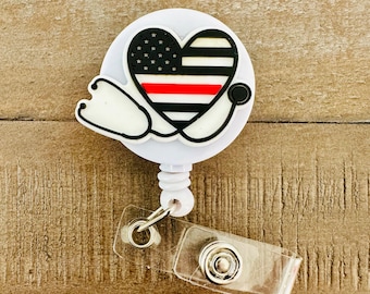 Thin Red Line Flag Heart Stethoscope Badge Reel, First Responder Badge Reel, Firefighter Badge reel for Nurse and Firefighter couples