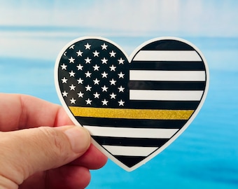 911 Dispatcher Thin Gold Line Heart Flag Vinyl Sticker | Laptop Sticker | Water Bottle Sticker | Planner Sticker