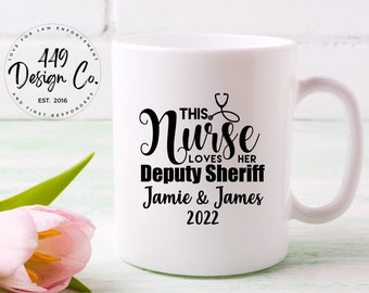 Coffee Mug / Police Wife / Nurse / Deputy Sheriff / Thin Blue Line Heart Stethoscope  / She Saves Lives and He Protects Them