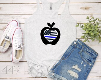 Thin Blue Line Flag Apple Teacher / Police Wife Shirt /  Teacher Women's Racerback Tank Top