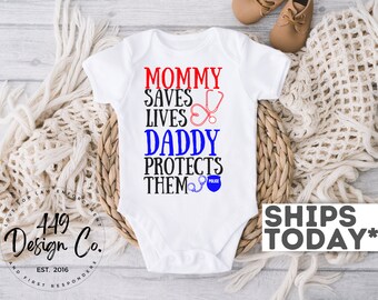 Mommy Saves Lives Daddy Protects Them Infant Bodysuit - Red & Blue - Boy