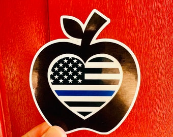 Ready to Ship! Teachers Back the Blue Police Wife and Law Enforcement Apple Thin Blue Line Heart Vinyl Sticker