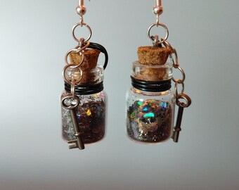 Glazen Mini Jar Oorbellen | Magische | Leuke | Zwarte Ster Glitter &Key