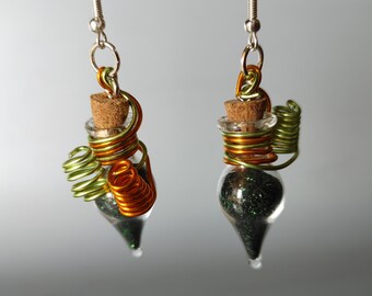 Glazen Teardrop Oorbellen | Feestelijke | Leuke | Groen Zwart Koper