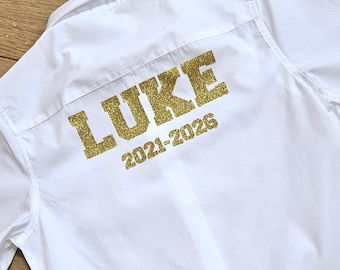 Personalised Leavers Shirt Decal | Iron On School Leavers Transfer | Year 6 & Year 11 Leavers Shirt Name Decal | Varsity Font