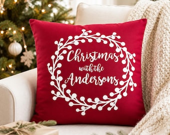 Personalised Christmas Family Cushion Cover – 16x16 Cotton Wreath Design