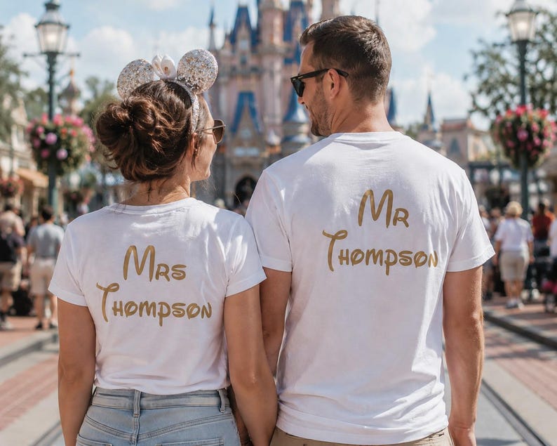 K&ouml;nnte beinhalten: Zwei wei&szlig;e kurz&auml;rmelige T-Shirts mit goldener Schrift auf der R&uuml;ckseite. Ein Shirt zeigt den Text Mrs Thompson und das andere den Text Mr Thompson. Die T-Shirts werden von zwei Personen getragen, die nebeneinander in einem &ouml;ffentlichen Bereich stehen.