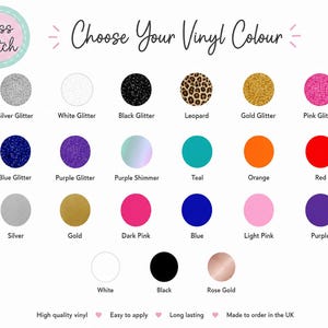 K&ouml;nnte beinhalten: Eine Farbkarte mit der &Uuml;berschrift Choose Your Vinyl Colour, die einundzwanzig kreisf&ouml;rmige Vinyl-Muster in verschiedenen Ausf&uuml;hrungen zeigt, darunter Glitzer, Schimmer und Volltonfarben wie Silber, Wei&szlig;, Schwarz, Leopardenmuster, Gold, Pink, Blau, Lila, T&uuml;rkis, Orange, Rot und Ros&eacute;gold.