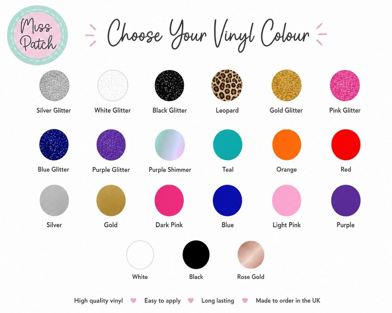 K&ouml;nnte beinhalten: Eine Farbkarte mit der &Uuml;berschrift Choose Your Vinyl Colour, die einundzwanzig kreisf&ouml;rmige Vinyl-Muster in verschiedenen Ausf&uuml;hrungen zeigt, darunter Glitzer, Schimmer und Volltonfarben wie Silber, Wei&szlig;, Schwarz, Leopardenmuster, Gold, Pink, Blau, Lila, T&uuml;rkis, Orange, Rot und Ros&eacute;gold.