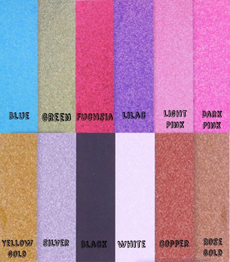 Puede incluir: Una carta de colores con 12 colores diferentes, incluyendo azul, verde, fucsia, lila, rosa claro, rosa oscuro, oro amarillo, plata, negro, blanco, cobre y oro rosa.