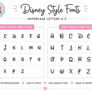 K&ouml;nnte beinhalten: Eine digitale &Uuml;bersicht mit dem Titel Disney Style Fonts, die Gro&szlig;buchstaben von A bis Z in zwei verschiedenen Stilen unter den Bezeichnungen Lower Letter Font Style und First Initial Font Style zeigt. Das Bild enth&auml;lt das Miss Patch Logo.