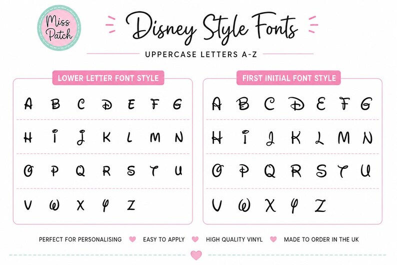 K&ouml;nnte beinhalten: Eine digitale &Uuml;bersicht mit dem Titel Disney Style Fonts, die Gro&szlig;buchstaben von A bis Z in zwei verschiedenen Stilen unter den Bezeichnungen Lower Letter Font Style und First Initial Font Style zeigt. Das Bild enth&auml;lt das Miss Patch Logo.