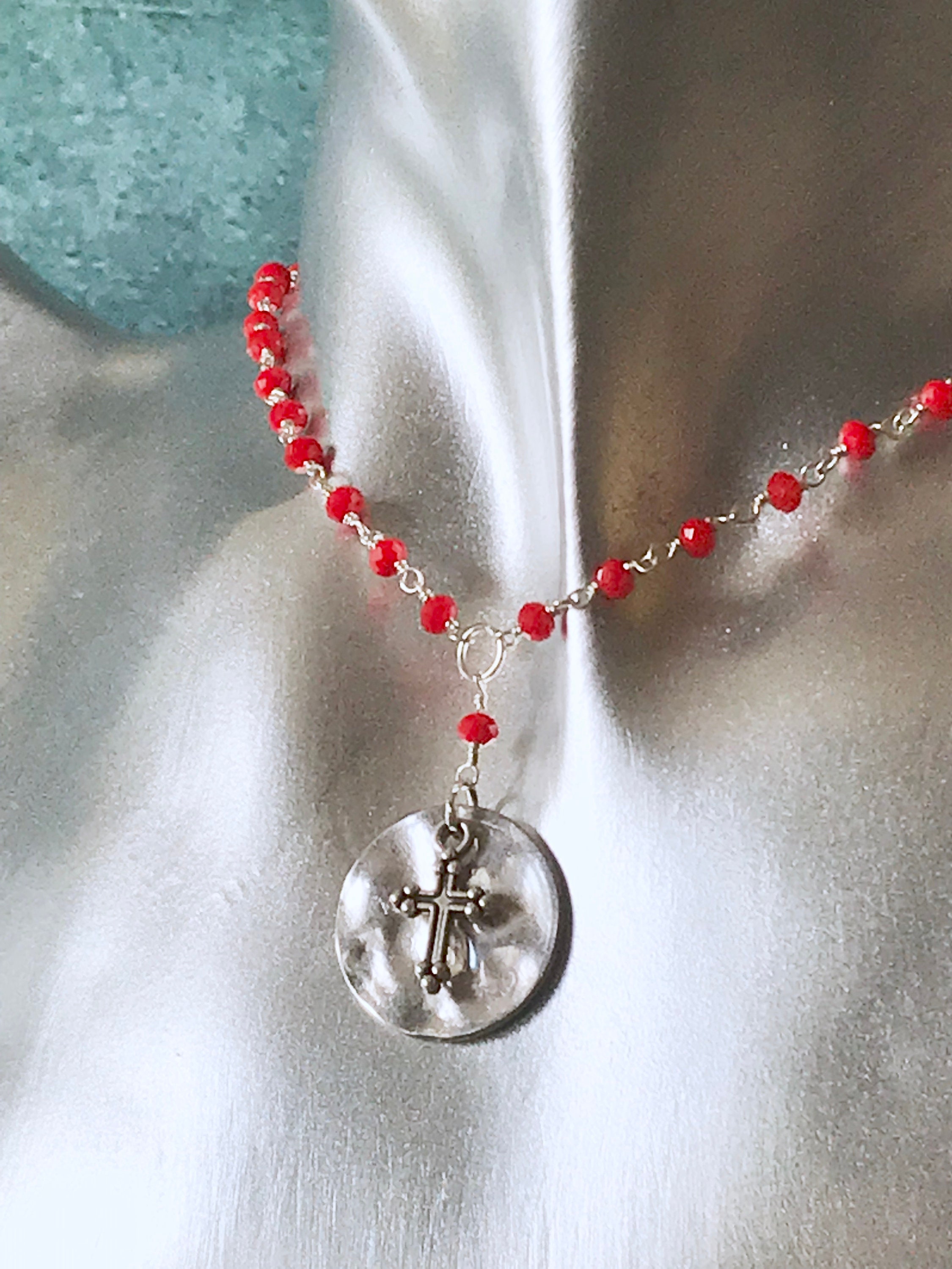 Red rosary choker necklace with cross beaded choker necklace. Etsy
