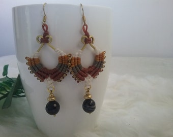 Macrame Earrings, Cotton Waxed, Brass with Stone Agate & Amethyst