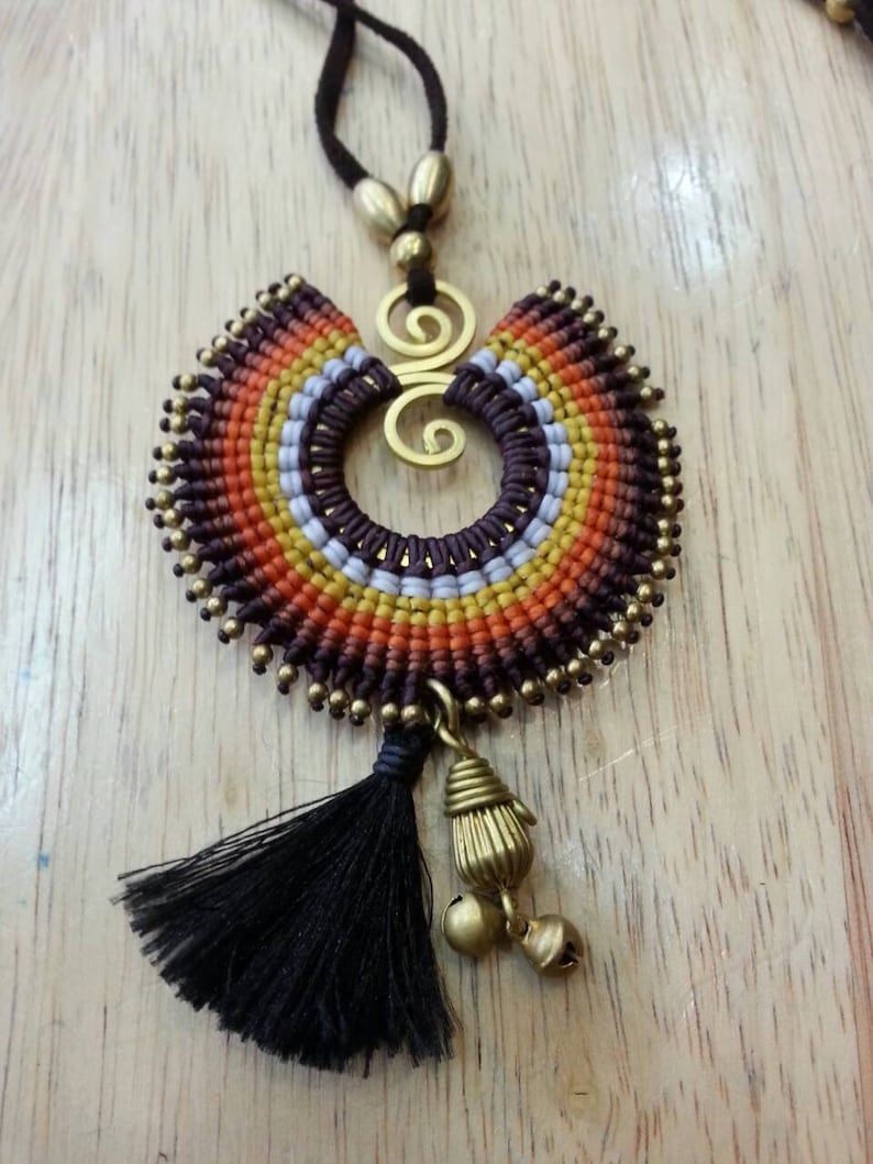 Macrame Necklace Brass Cotton Waxed Cord Handmade With Chamois Etsy