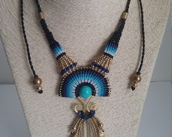 Thai Handmade Macrame Necklace, Cotton Waxed, Turquoise or Lapis Stone & Brass