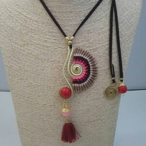 Thai Handmade Macrame Necklace, Waxed Cotton, Stone, Brass and Chamois Leather image 3