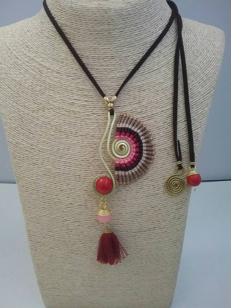 Thai Handmade Macrame Necklace, Waxed Cotton, Stone, Brass and Chamois Leather image 3