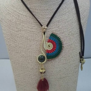 Thai Handmade Macrame Necklace, Waxed Cotton, Stone, Brass and Chamois Leather image 4