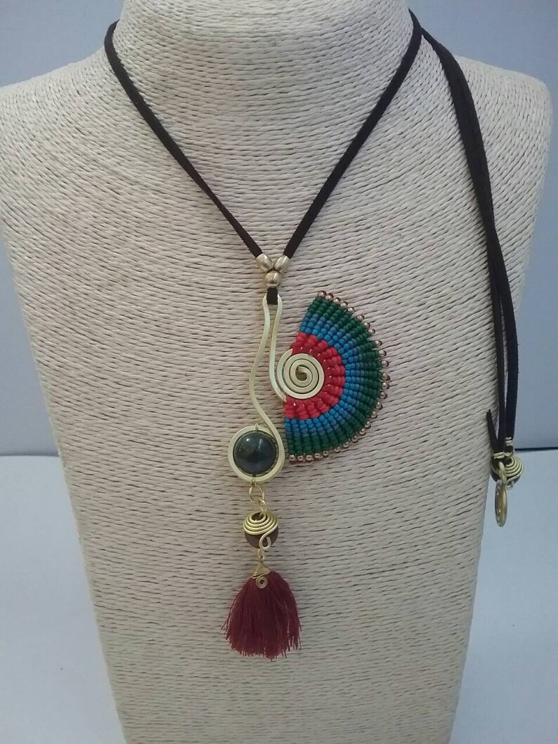 Thai Handmade Macrame Necklace, Waxed Cotton, Stone, Brass and Chamois Leather image 4