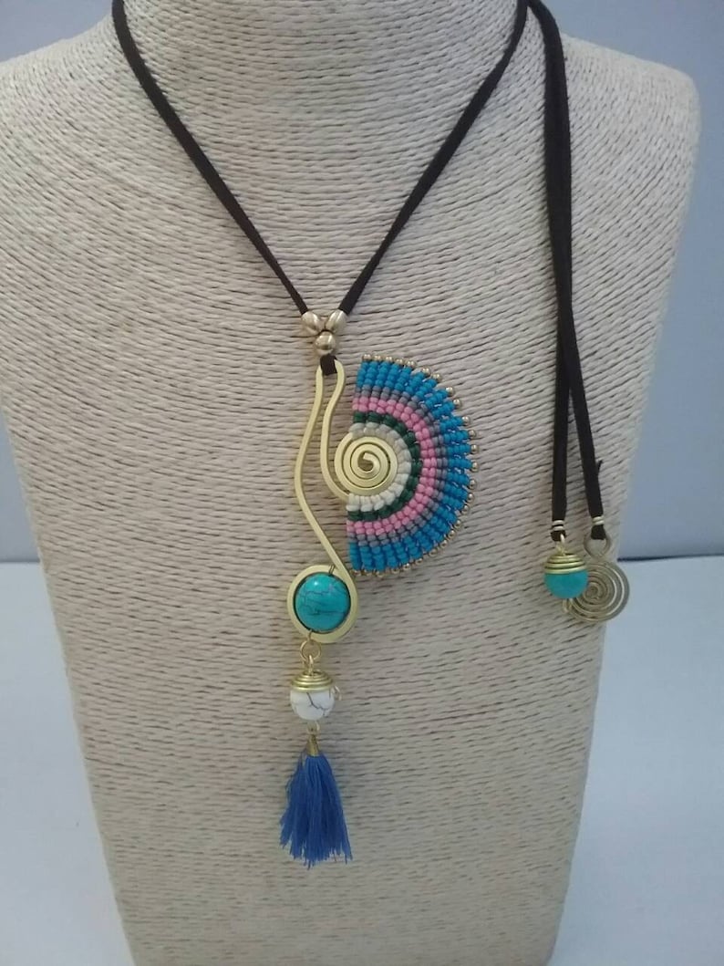 Thai Handmade Macrame Necklace, Waxed Cotton, Stone, Brass and C Thai Handmade Macrame Necklace, Waxed Cotton, Stone, Brass and C