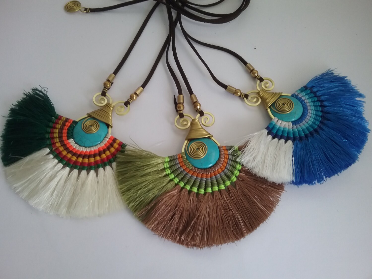 Thai Handmade Macrame Necklace, Cotton Waxed, Yarn, Brass, Turquoise Stone & Chamois Leather