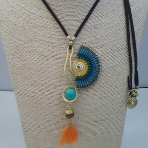 Thai Handmade Macrame Necklace, Waxed Cotton, Stone, Brass and Chamois Leather image 2