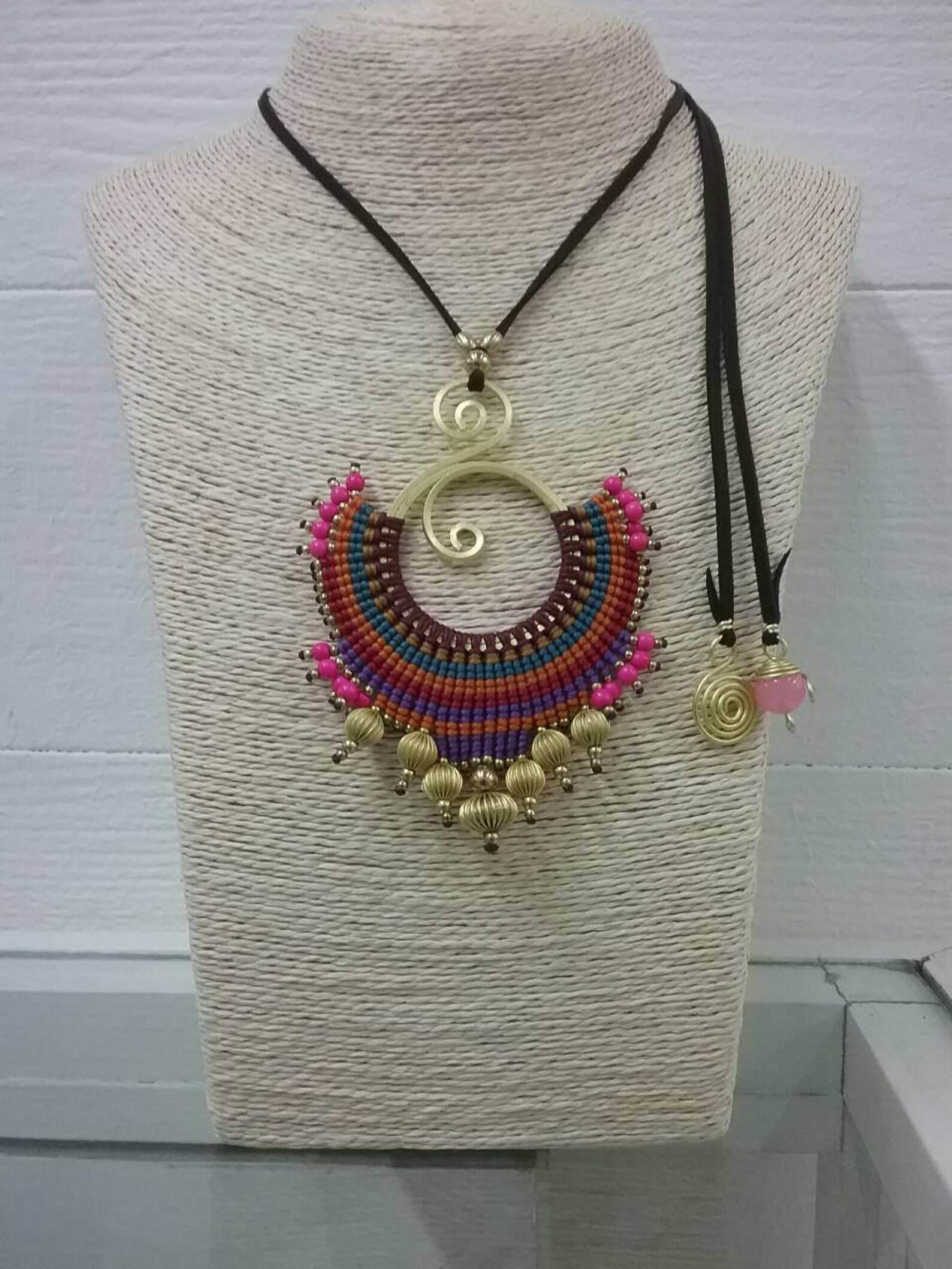 Thai Handmade Macrame Collier Coton Ciré, Laiton, Pierre & Chamoise ...