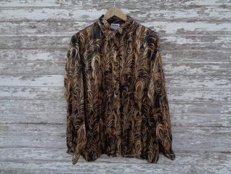 Poly The Bunk Haus \u2022 VINTAGE Retro Distressed BonWorth Button Up Down Sheer Feather Feathers Long Sleeve Blouse Shirt Top Size Small S