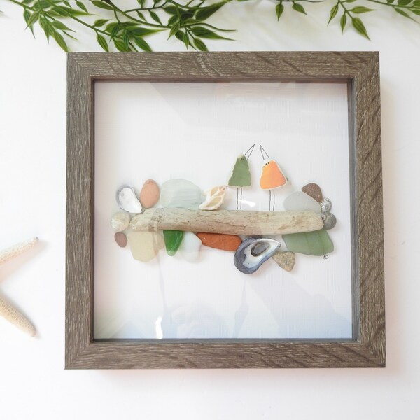 Sea glass frame | Sea glass birds | Nova Scotia art | Scotia Glass | Anniversary gift | Wedding gift | Beach art | Cottage decor | Driftwood