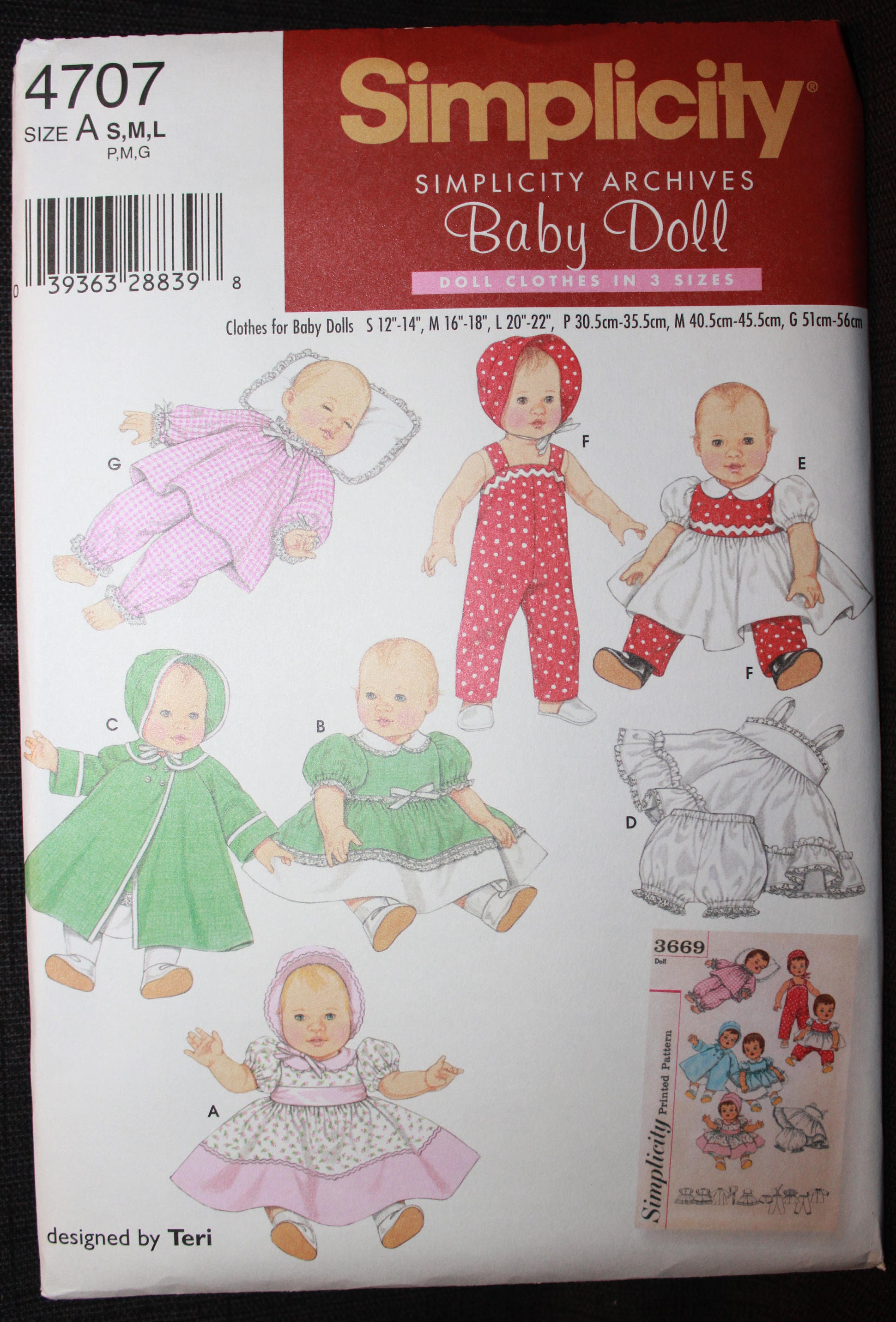 3 SIZES 12/"-22/" SIMPLICITY SEWING PATTERN 4707 RETRO//VINTAGE BABY DOLL CLOTHES