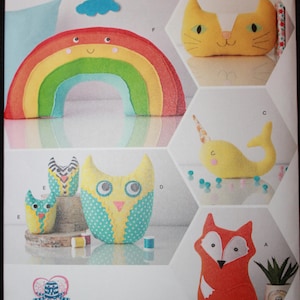 Simplicity Pattern 8358    Fox, Owl, Kitty Face, Narwhal Whale, and Rainbow Stuffed Animals