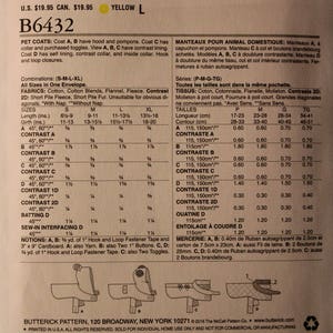 Butterick Pattern 6432 Pet Coats With Collar or Hood Variation in Sizes ...