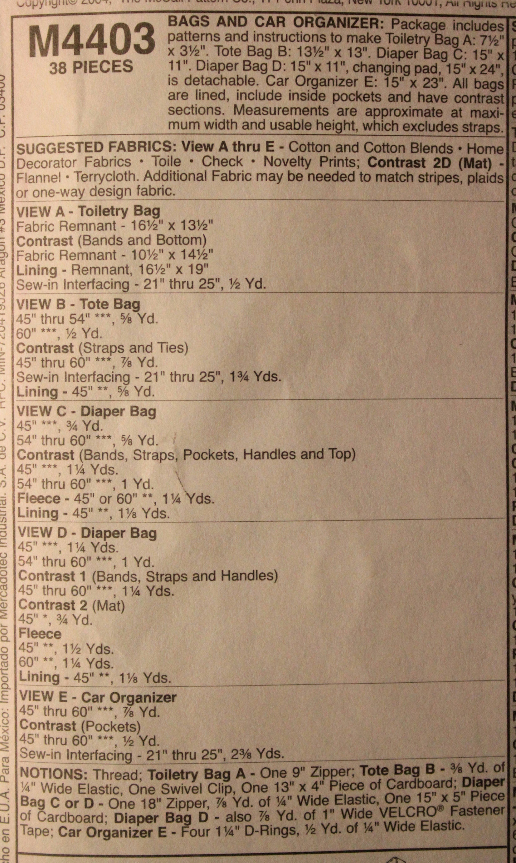 Mccalls Pattern 4403 Laura Ashley Designs Diaper Bags and Car ...