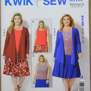 Kwik Sew Pattern K4199  Plus Size Women's Draped Jacket, Tank Top and Gored Skirt in sizes 1X-2X-3X-4X