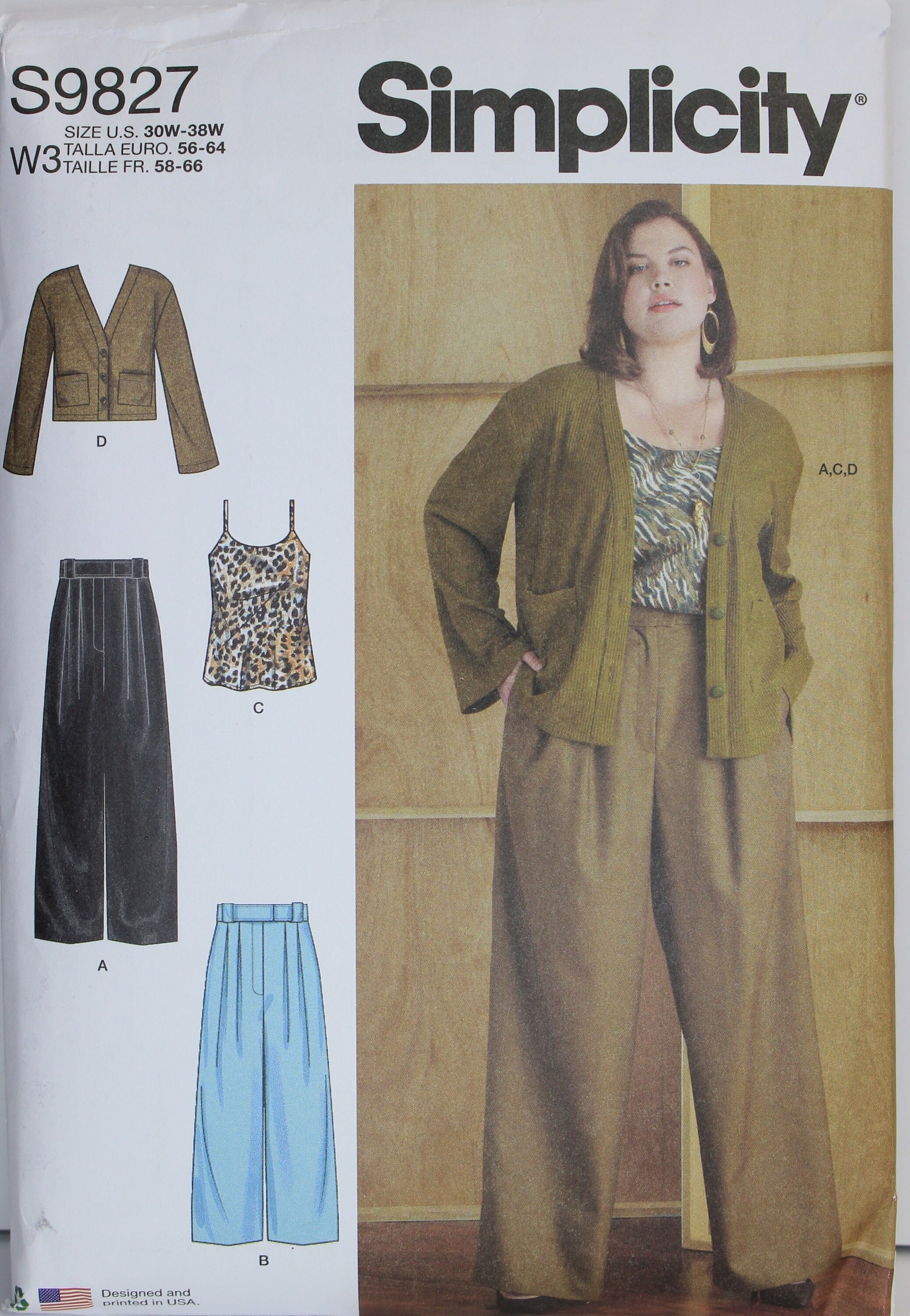 Simplicity Pattern 9827 W3 Women's Pants in Two Lengths, Camisole and Cardigan in Sizes 30W-32W-34W-36W-38W